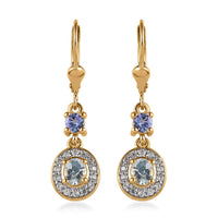 Premium Mangoro Aquamarine and Multi Gemstone Halo Lever Back Earrings in Vermeil Yellow Gold Over Sterling Silver 1.25 ctw