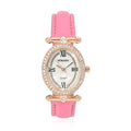 Strada White Austrian Crystal Japanese Movement Watch in Rosetone with Blue Faux Leather Strap (27.94-34.29mm) (6.75-8.50 Inches) - Sticky add to cart bar