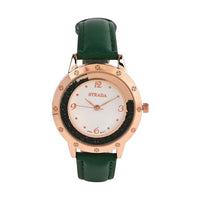 Strada White Austrian Crystal Japanese Movement Watch in Rosetone with White Faux Leather Strap (35.56mm) (6.75-8.5 Inches)