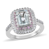Premium Mangoro Aquamarine and Multi Gemstone Double Halo Ring in Platinum Over Sterling Silver 2.15 ctw