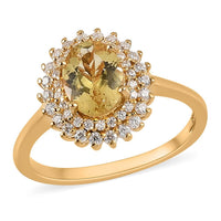 Brazilian Golden Apatite and Moissanite Double Halo Ring in Vermeil Yellow Gold Over Sterling Silver 1.60 ctw (Delivery in 3-5 Business Days)
