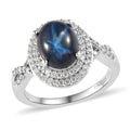 Thai Blue Star Sapphire (DF) and Moissanite Double Halo Ring in Platinum Over Sterling Silver (Delivery in 7-10 Business Days) 3.65 ctw - Sticky add to cart bar