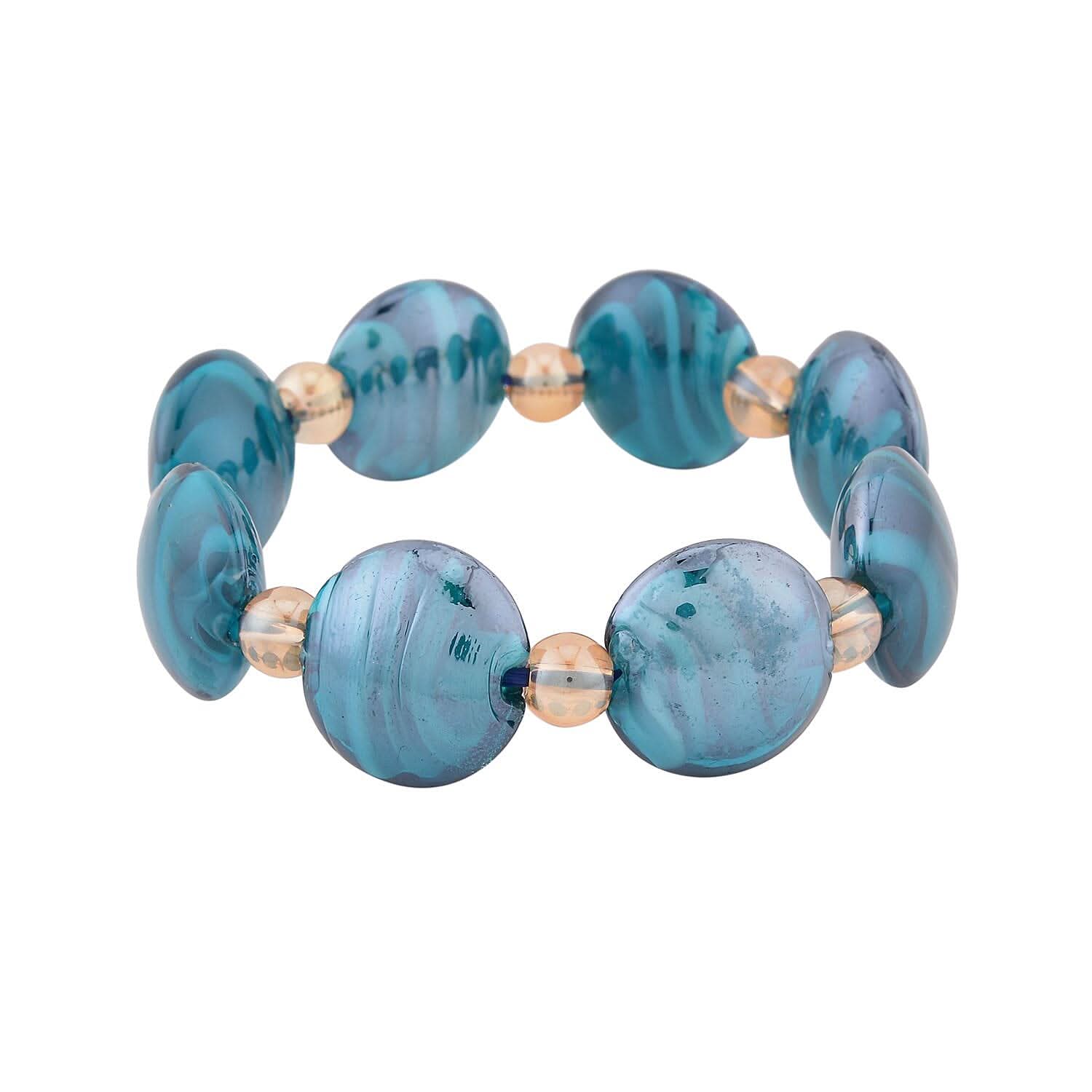 Blue Color Murano Glass and Champagne Glass Beaded Stretch Bracelet