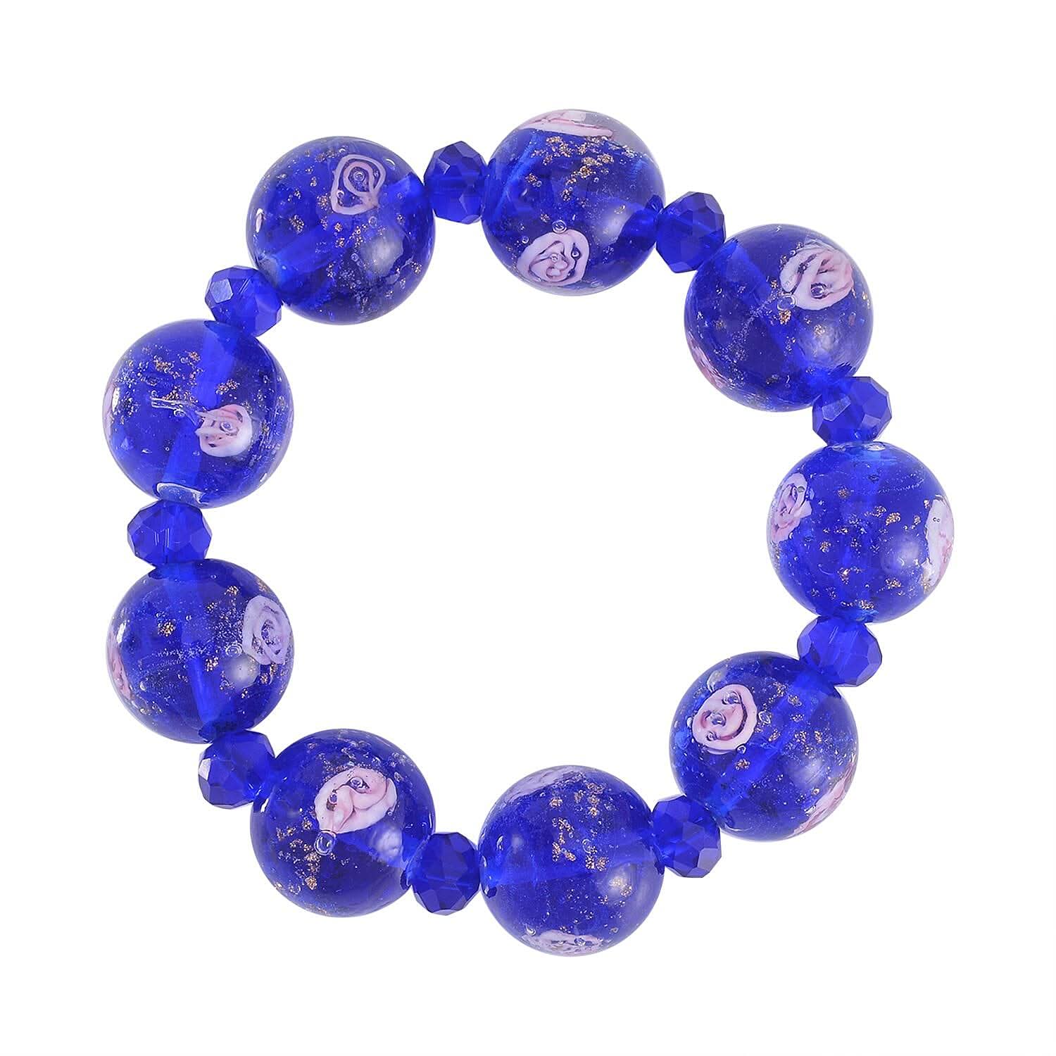 Blue Color Murano Glass and Blue Glass Beaded Stretch Bracelet
