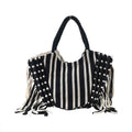 Black and White Stripes Tote Bag with Fringe - Sticky add to cart bar
