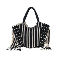 Black and White Stripes Tote Bag with Fringe