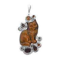 Sajen Silver Tiger's Eye and Multi Gemstone Cat Pendant in Sterling Silver 49.60 ctw