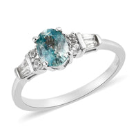 Cambodian Blue Zircon and Natural White Zircon Ring in Platinum Over Sterling Silver 1.65 ctw