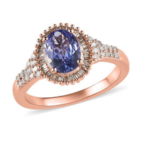 TLV Tanzanite, Natural Champagne White Diamond (0.30 cts) Halo Ring in Vermeil RG Over Sterling Silver (Size 10.0) (Delivery 5-7 Business Days) 1.50 ctw