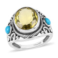 Ouro Verde Quartz and American Natural Sleeping Beauty Turquoise 3 Stone Ring in Sterling Silver 5.00 ctw - Sticky add to cart bar