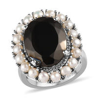 Elite Shungite and Freshwater Pearl Halo Ring in Platinum Over Sterling Silver 5.25 ctw