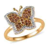 Orange and White Diamond Butterfly Ring in Vermeil Yellow Gold Over Sterling Silver 0.50 ctw