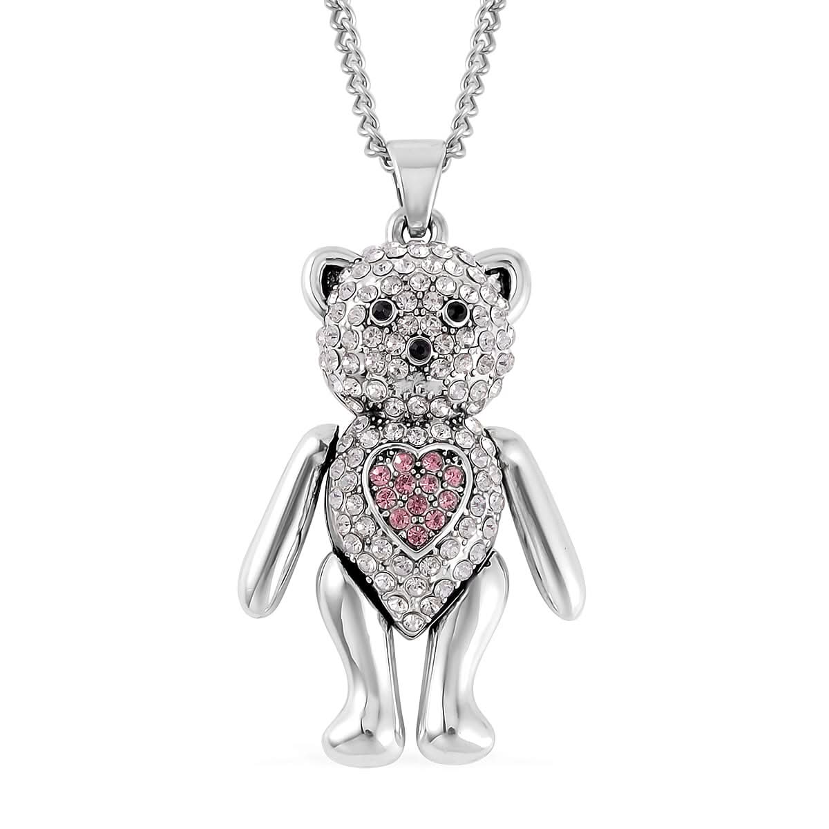 Multi Color Austrian Crystal Teddy Bear Pendant Necklace 29 Inches in Silvertone