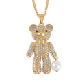 White Shell Pearl, White and Black Austrian Crystal Teddy Bear Pendant Necklace 29-31 Inches in Goldtone - Sticky add to cart bar