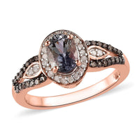 Peacock Tanzanite, Natural Champagne and White Diamond Halo Ring in Vermeil Rose Gold Over Sterling Silver 1.00 ctw
