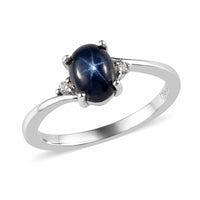 Thai Blue Star Sapphire(DF) and Moissanite Ring in Platinum Over Sterling Silver (Delivery in 7-10 Business Days) 1.35 ctw