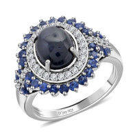 Thai Blue Star Sapphire(DF) and Multi Gemstone Ring in Platinum Over Sterling Silver (Delivery in 7-10 Business Days) 4.50 ctw