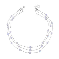 White Magic Color Glass 3 Row Station Necklace 20 Inches in Silvertone