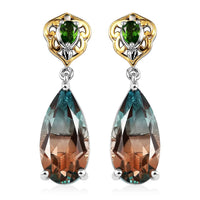 Aqua Terra Costa Quartz (Triplet) and Chrome Diopside Dangling Earrings in Vermeil YG and Platinum Over Sterling Silver 9.10 ctw