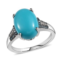 American Natural Sleeping Beauty Turquoise, Blue and White Diamond Ring in Platinum Over Sterling Silver 5.15 ctw