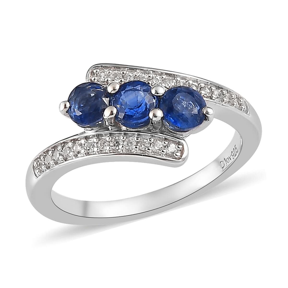 Kashmir Kyanite and Natural White Zircon Ring in Platinum Over Sterling Silver 1.35 ctw