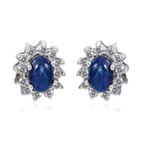 Blue Star Sapphire (DF) and White Zircon Sunburst Earrings in Platinum Over Sterling Silver 2.10 ctw