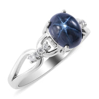Thai Blue Star Sapphire (DF) and Natural White Zircon Ring in Platinum Over Sterling Silver 2.25 ctw
