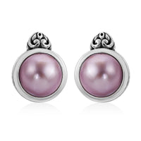 Pink Pearl Floral Framework Stud Earrings in Sterling Silver