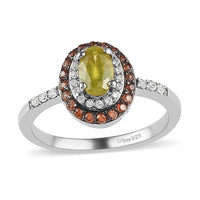 AAA Sava Sphene, Natural White Zircon and Coffee Zircon Double Halo Ring in Platinum Over Sterling Silver 1.00 ctw