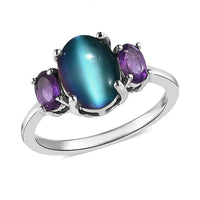 Aurora Moonstone, Lusaka Amethyst 3 Stone Ring in Platinum Over Sterling Silver (Size 5.0) 2.50 ctw