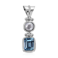 Bali Legacy Sky Blue Topaz and White Pearl Pendant without Chain in Sterling Silver 0.55 ctw