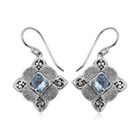 Bali Legacy Blue Topaz and Simulated Diamond Floral Earrings in Sterling Silver 0.90 ctw