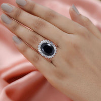 Natural Thai Black Spinel and Natural White Zircon Sunburst Ring in Platinum Over Sterling Silver 22.10 ctw (Delivery in 5-7 Business Days)