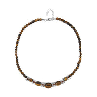 Yellow Tigers Eye and Brown Glass Beaded Necklace 18-20 Inches in Silvertone 133.00 ctw