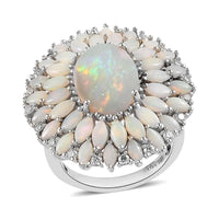 Australian White Opal and Moissanite Floral Ring in Platinum Over Sterling Silver 6.85 ctw