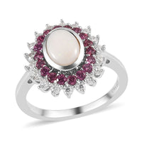 Australian White Opal and Multi Gemstone Double Halo Ring in Platinum Over Sterling Silver 1.75 ctw