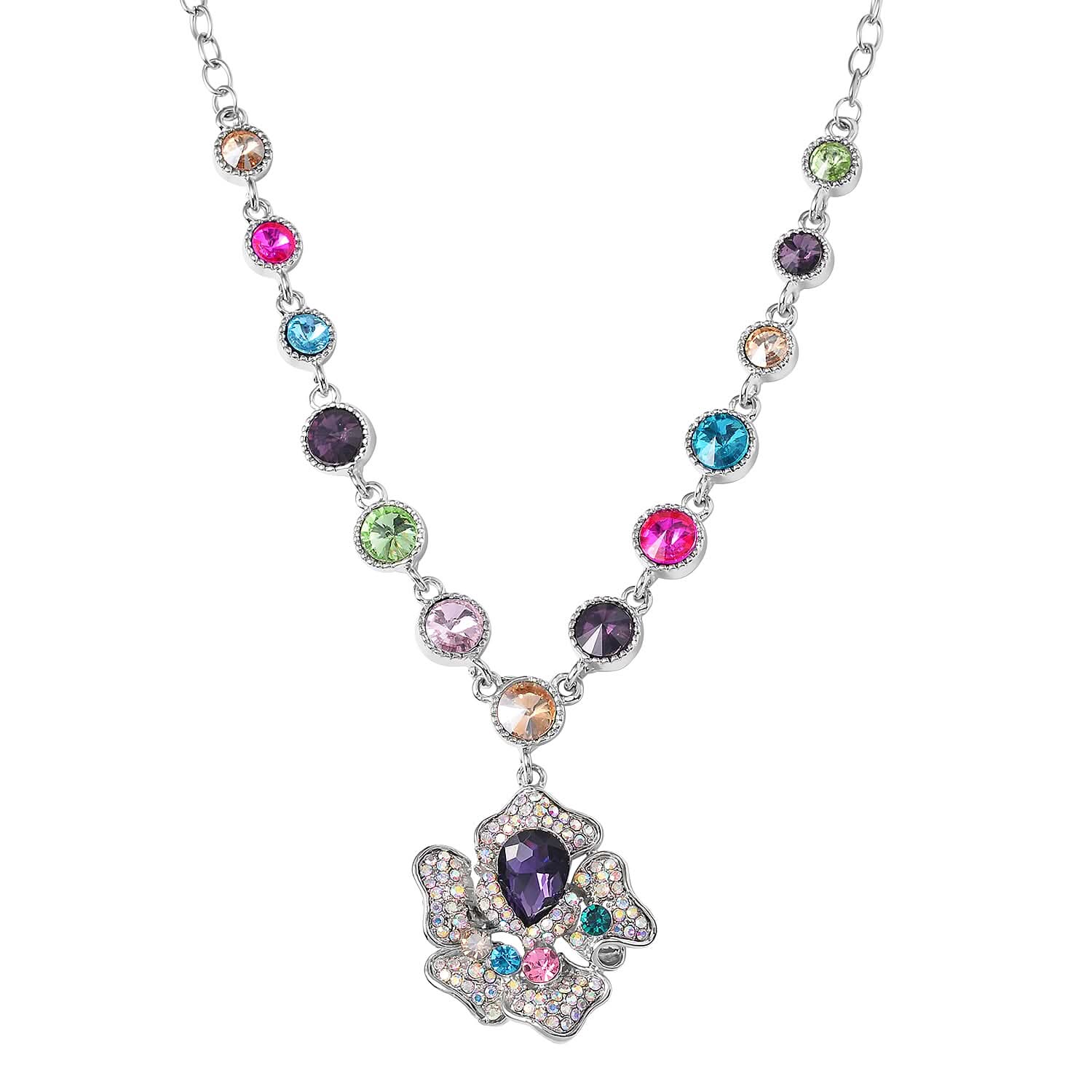 Multi Color Austrian Crystal Necklace 20-22 Inches in Silvertone