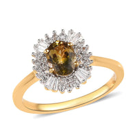 Premium Natural Golden Tanzanite and Natural White Zircon Double Halo Ring in Vermeil Yellow Gold Over Sterling Silver (Size 10.0) 1.60 ctw