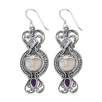 Bali Goddess Carved Bone and Sky Blue Topaz Floral Earrings in Sterling Silver 0.85 ctw