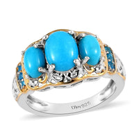 American Natural Sleeping Beauty Turquoise and Malgache Neon Apatite Ring in Vermeil Yellow Gold and Platinum Over Sterling Silver 2.10 ctw