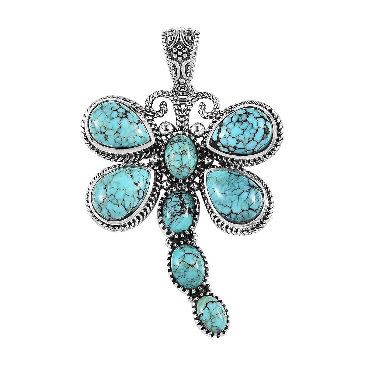 Artisan Crafted Blue Moon Turquoise Dragonfly Pendant in Sterling Silver 9.75 ctw