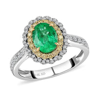 14K White Gold Emerald, Natural Yellow and White Diamond Double Halo Ring (3.75 g) 1.80 ctw