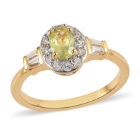 Natural Chrysoberyl and Natural White Zircon Halo Ring in Vermeil Yellow Gold Over Sterling Silver 1.10 ctw