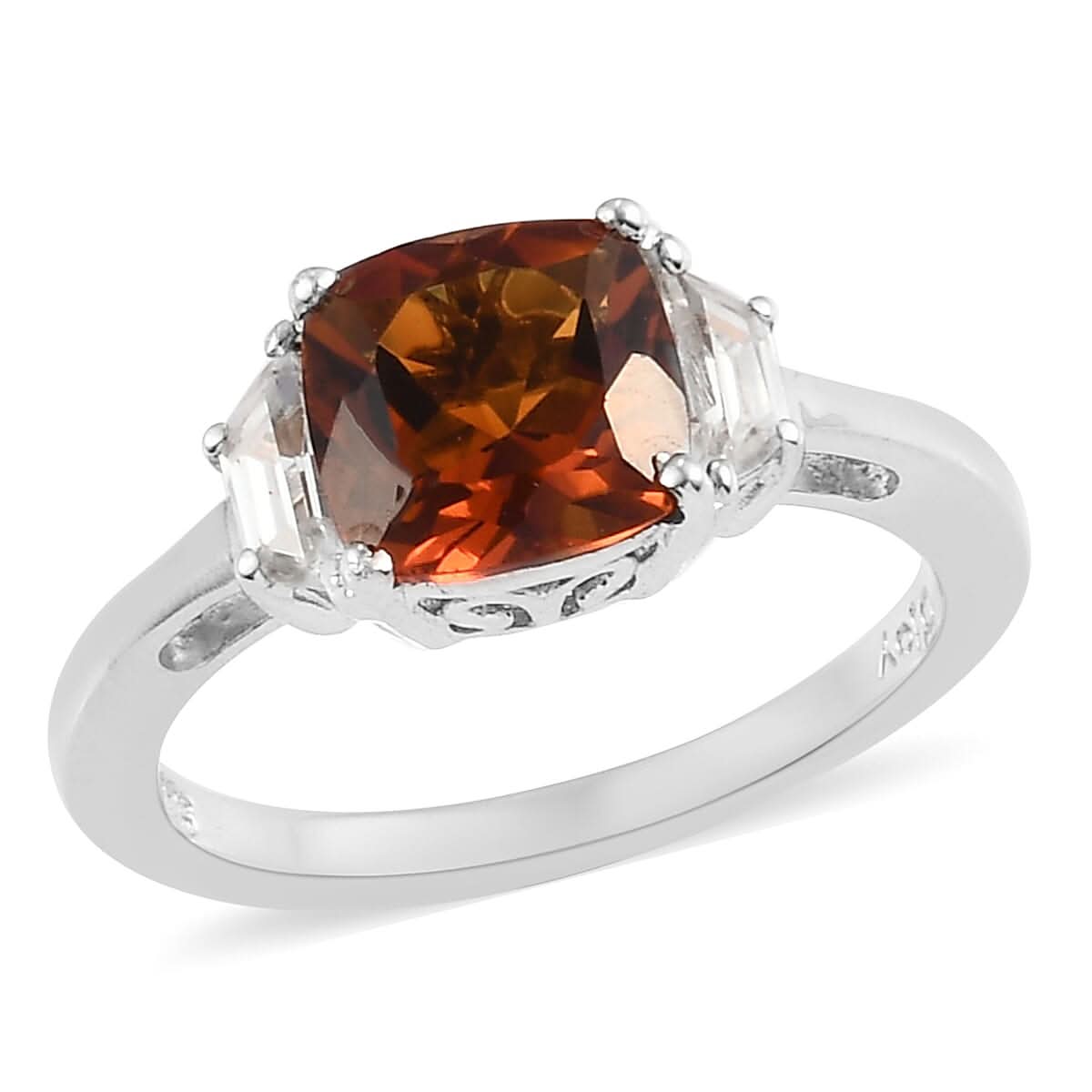 Brazilian Red Citrine, Natural White Zircon Ring in Platinum Over Sterling Silver (Size 10.0) 1.85 ctw (1)