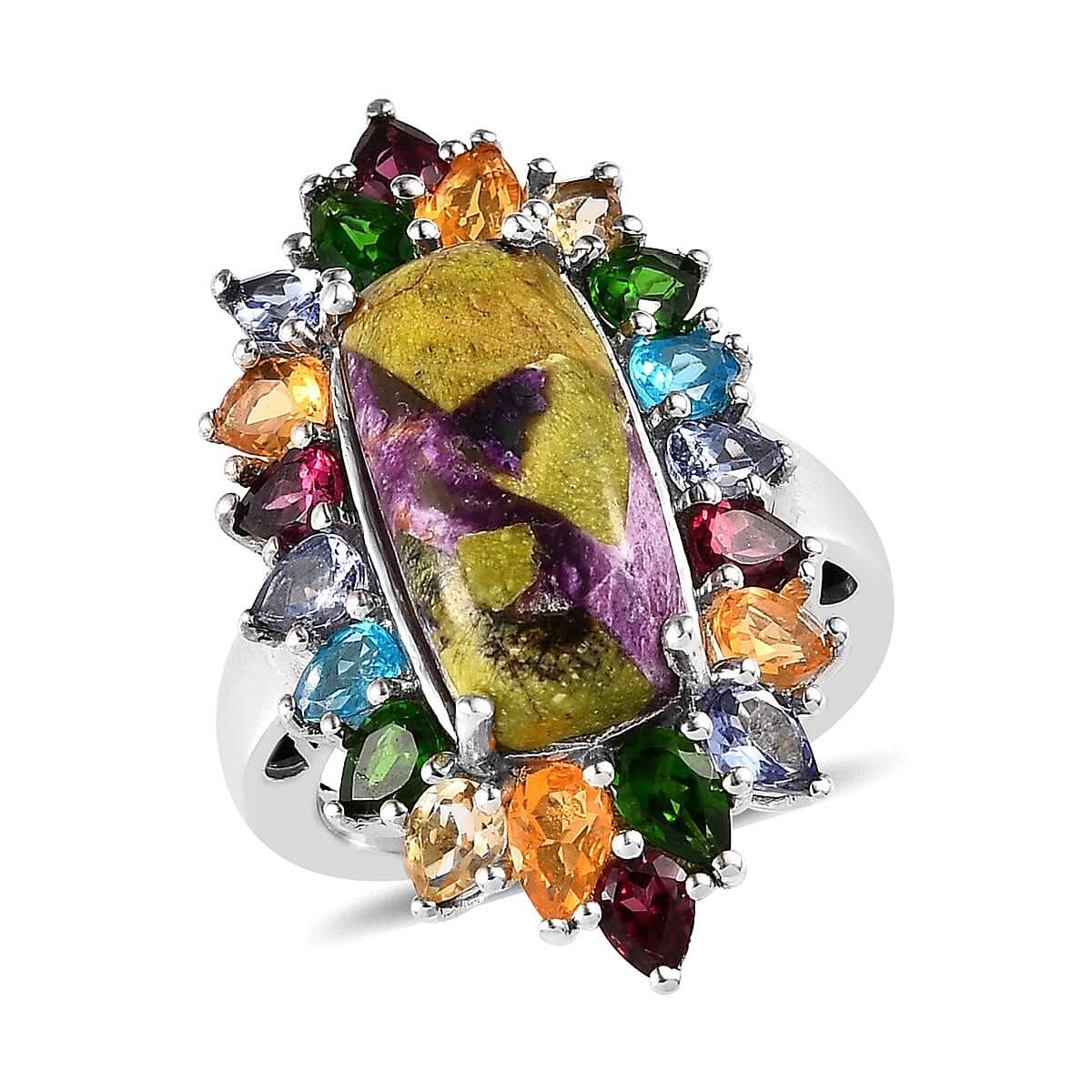 Tasmanian Stichtite and Multi Gemstone Elongated Ring in Platinum Over Sterling Silver 8.50 ctw