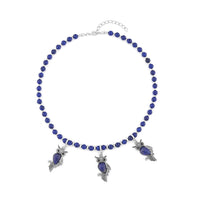 Lapis Lazuli and Black Glass Beaded Necklace 18-20 Inches with 3 Owl Charm Pendant in Black Oxidized Silvertone 115.00 ctw