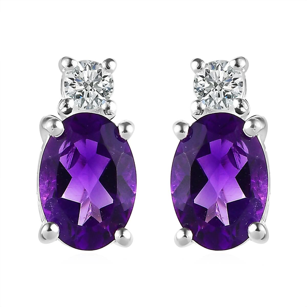 Amethyst and White Topaz Stud Earrings in Sterling Silver and Stainless Steel 1.60 ctw