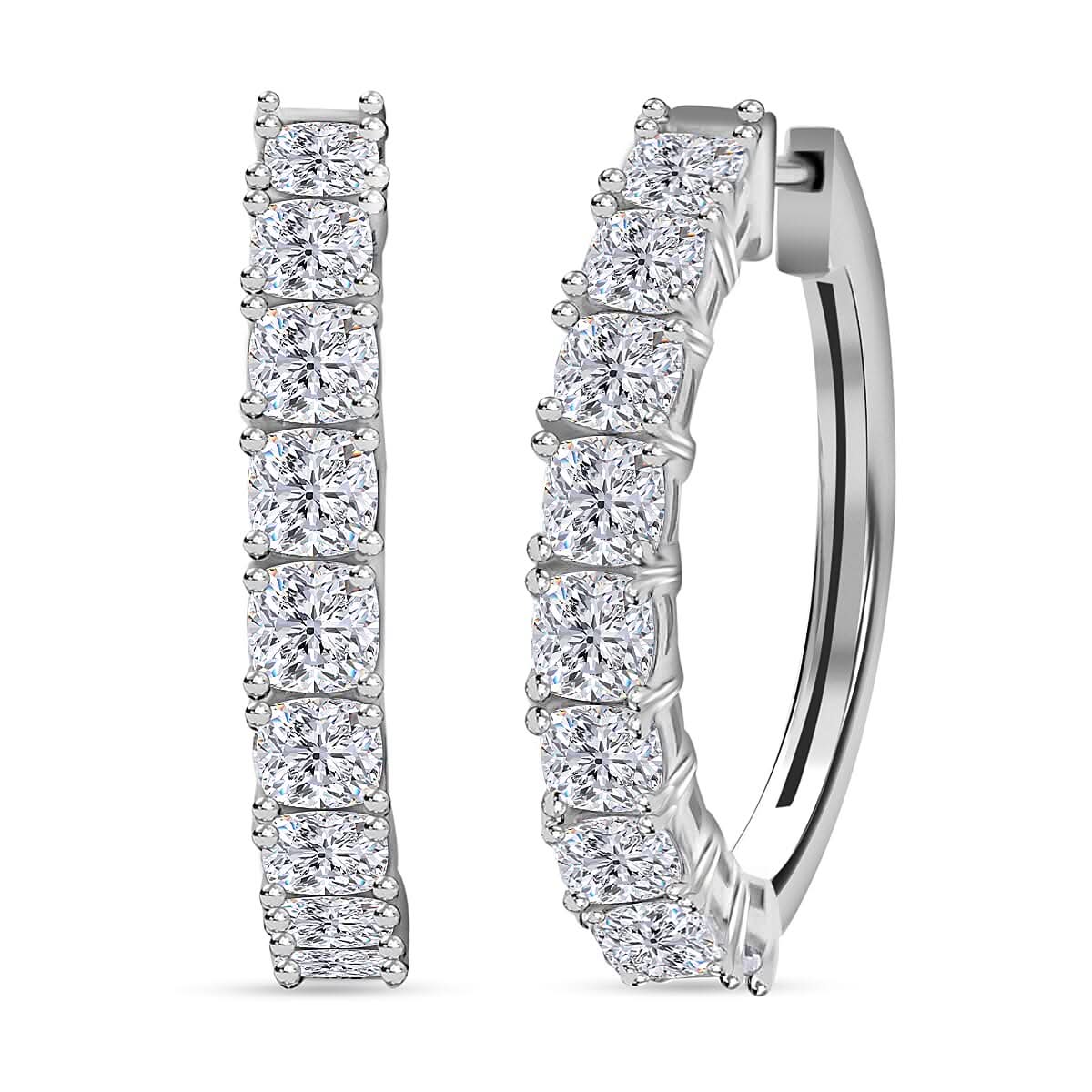 One Time Only Moissanite (Cush 4x4 mm) Hoop Earrings in Platinum Over Sterling Silver 5.50 ctw