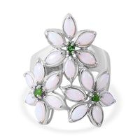 Australian White Opal and Natural Chrome Diopside Floral Ring in Platinum Over Sterling Silver 1.50 ctw