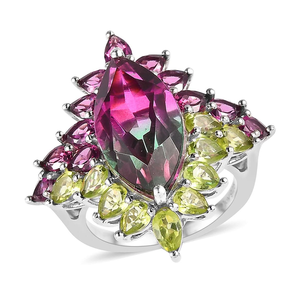 Watermelon Quartz (Triplet) and Multi Gemstone Floral Ring in Platinum Over Sterling Silver 10.70 ctw